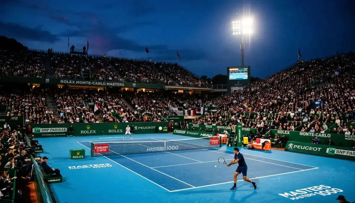 Velký tenisový stadion turnaje Masters 1000 s plnými tribunami při večerním zápase