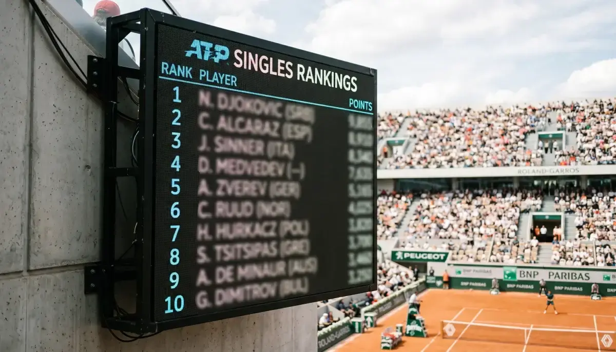 Tenista sleduje výsledkovou tabuli na turnaji ATP s bodovým přehledem sezóny