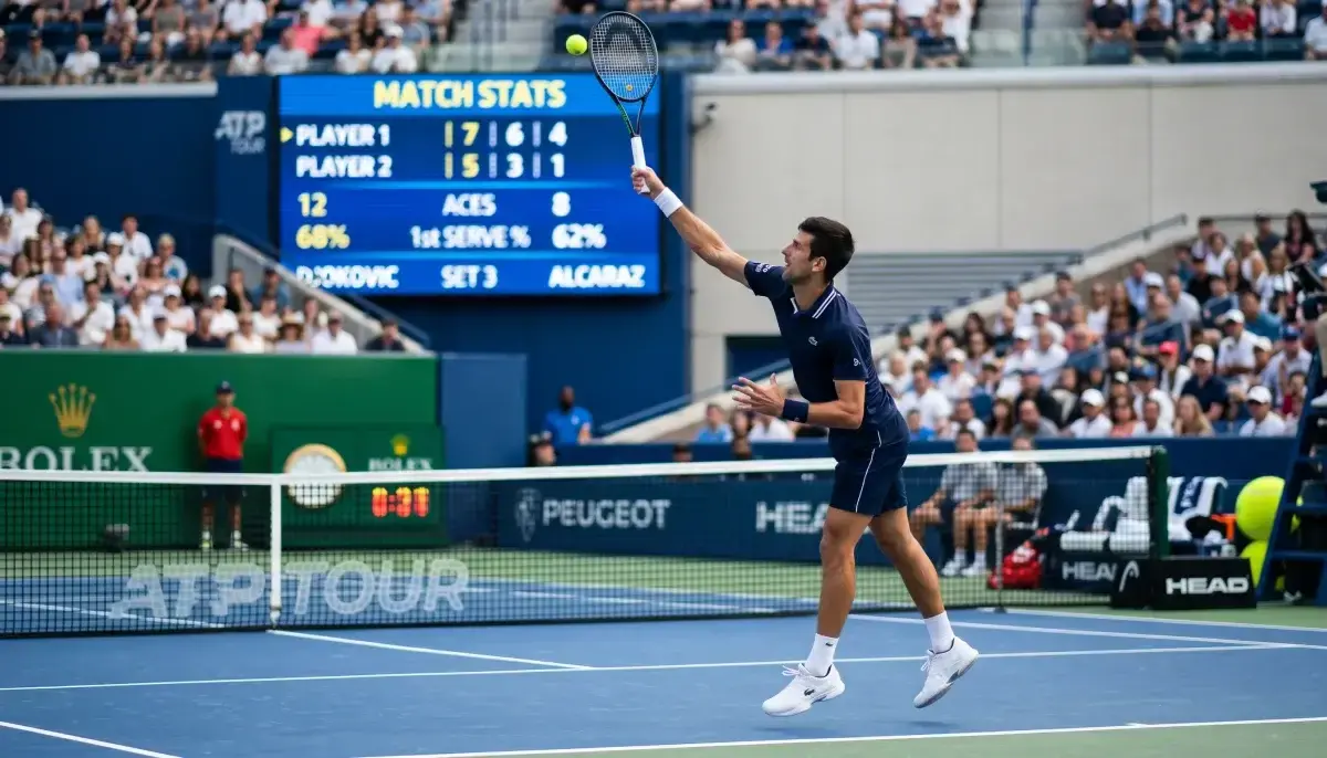 Tenista při podání na tvrdém povrchu s bodovou tabulí turnaje ATP v pozadí