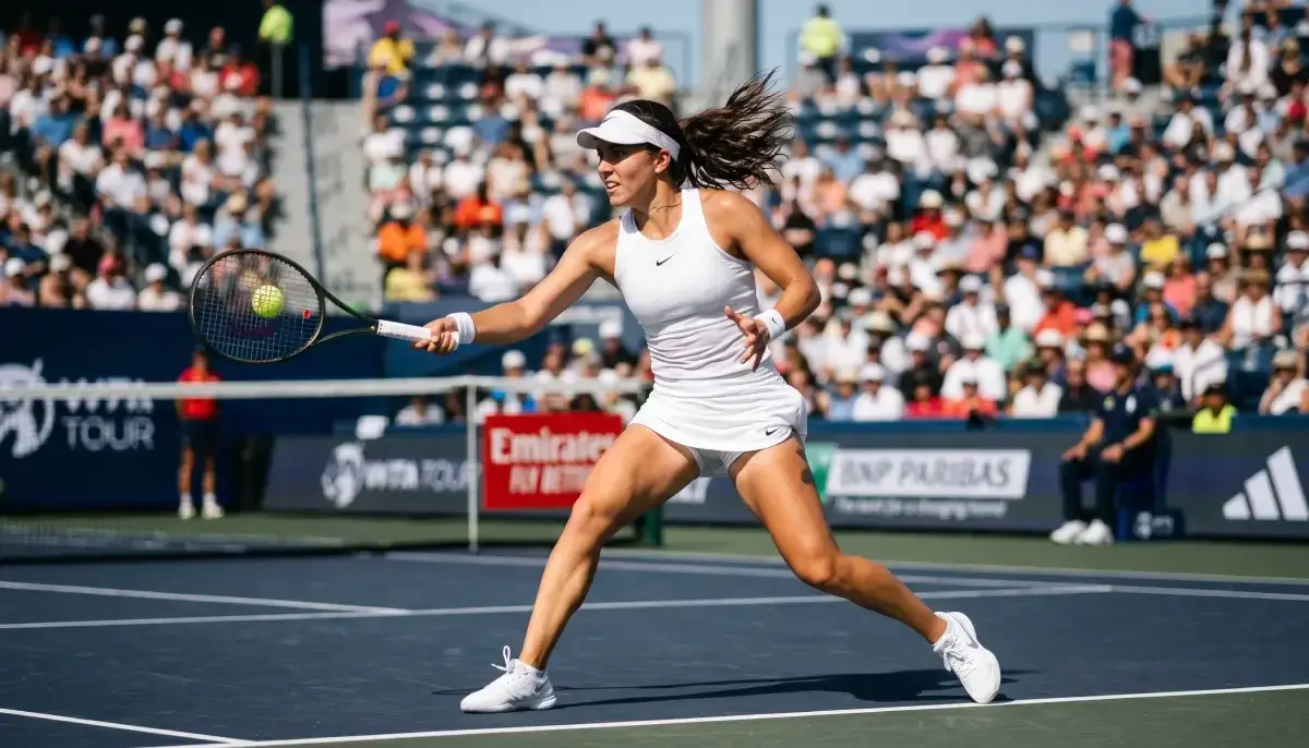 Tenistka při returnu na kurtu s logem turnaje WTA na pozadí
