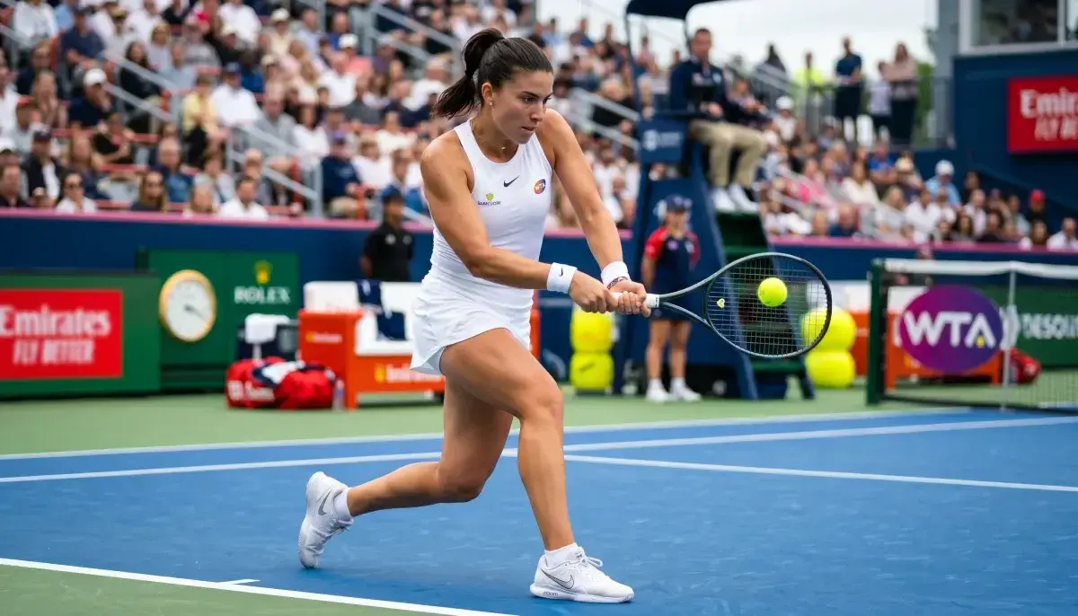 Tenistka v bílém oblečení při úderu na tvrdém povrchu turnaje WTA