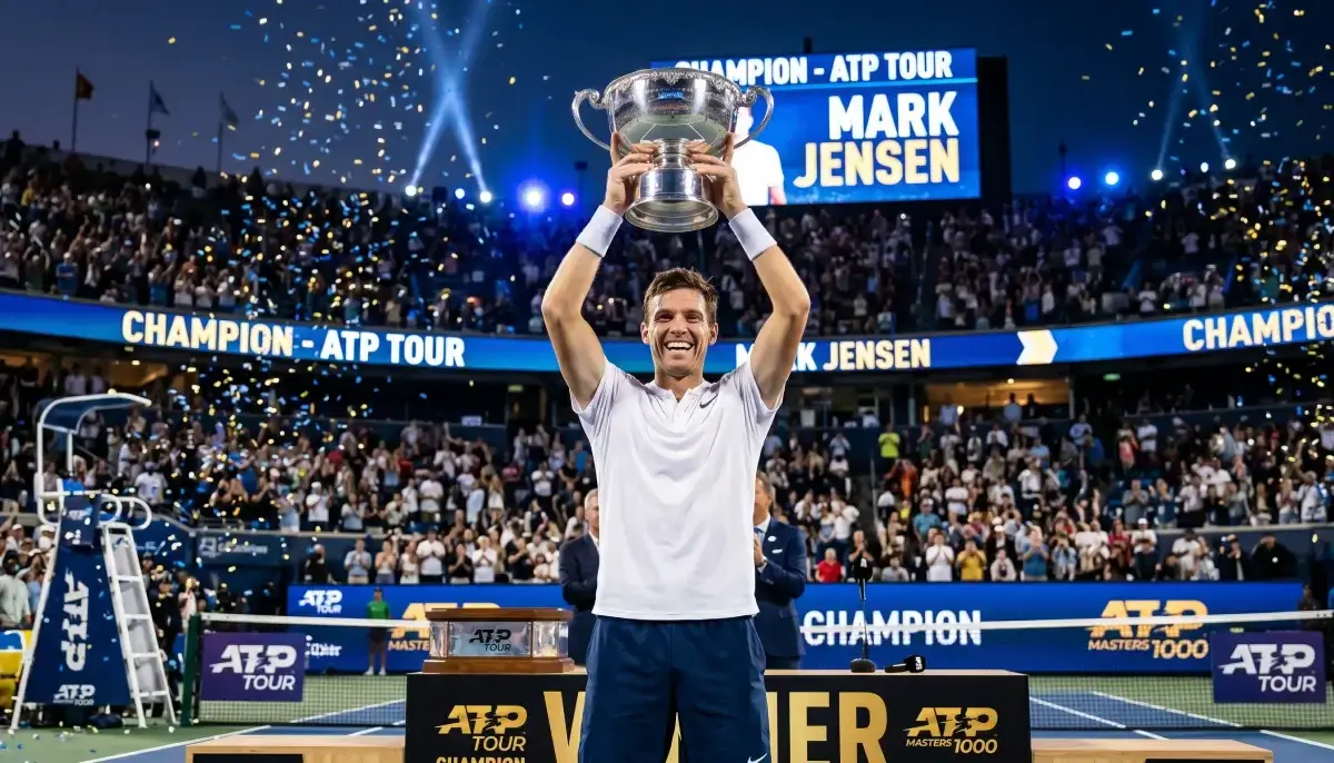 Tenista drží trofej na stupních vítězů turnaje ATP s šekem v ruce