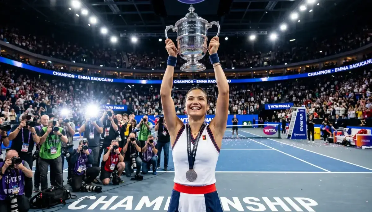 Tenistka drží trofej nad hlavou na centrkurtu s diváky v pozadí