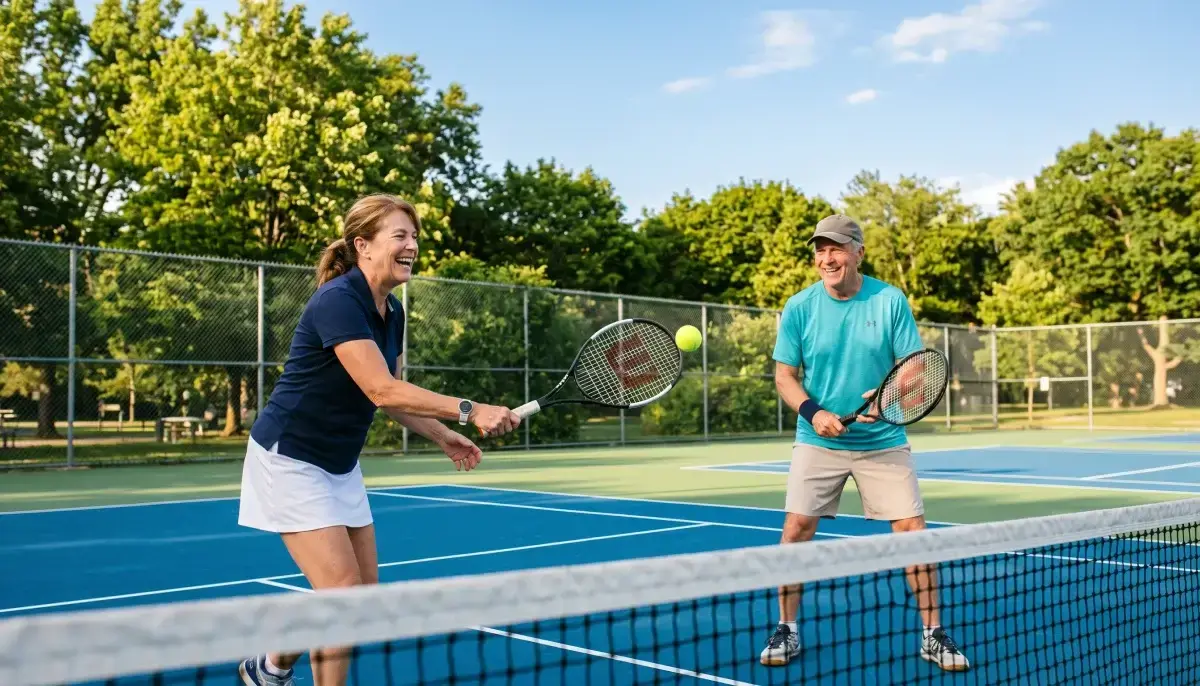 Starší pár hraje tenis na venkovním kurtu za slunečného dne