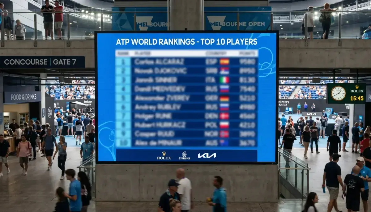 Digitální výsledková tabule turnaje ATP zobrazující žebříček deseti nejlepších hráčů