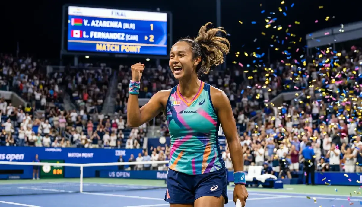 Tenistka slaví vítězství na kurtu s výsledkovou tabulí WTA v pozadí