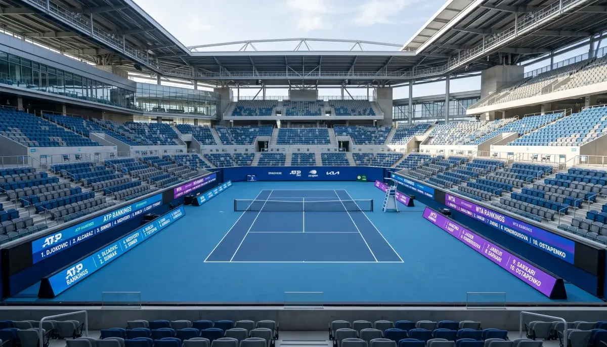 Tenisový kurt ATP s digitální informační tabulí zobrazující bodové změny sezóny